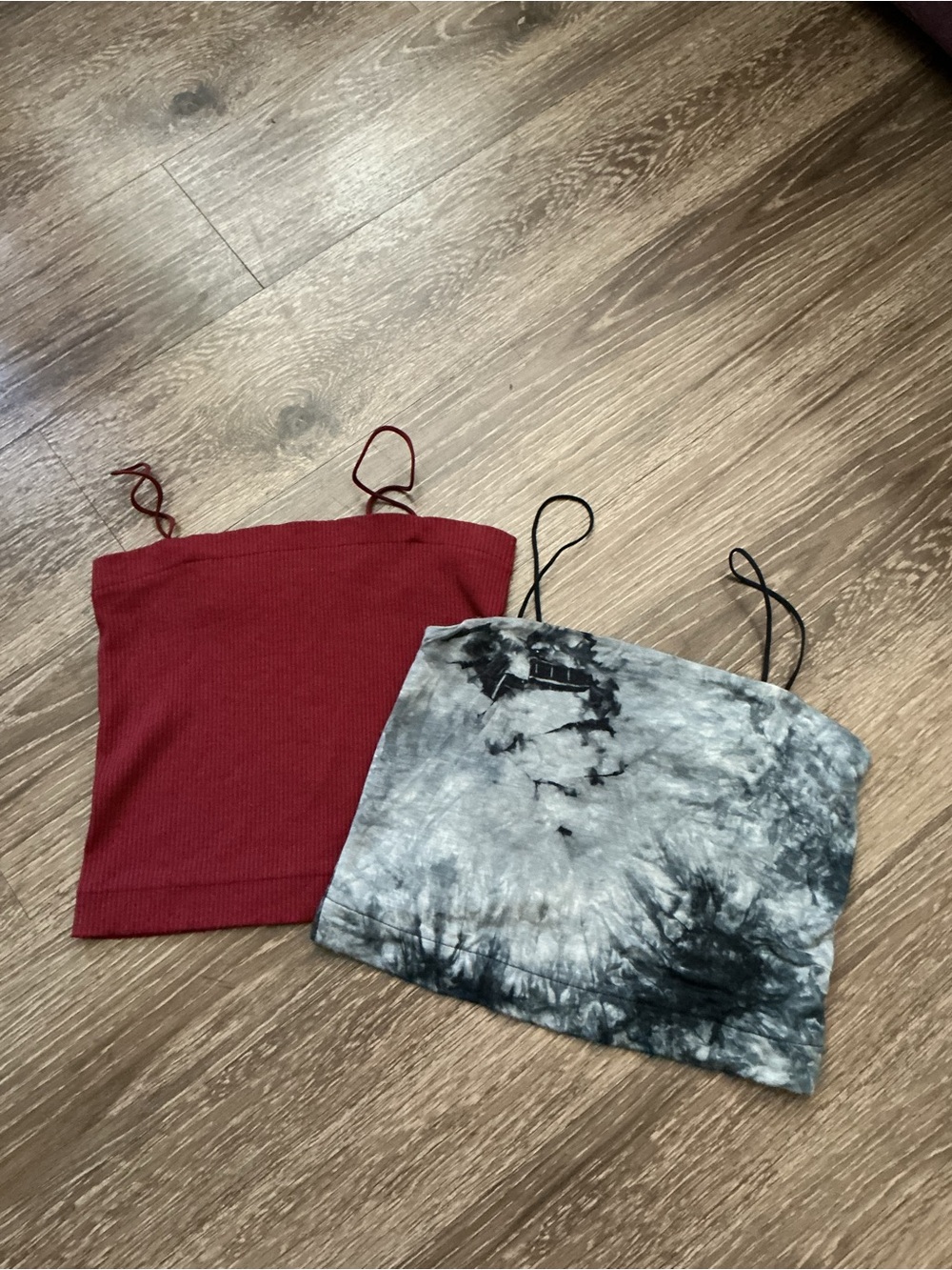 (2) Spaghetti Strap Cropped Camisoles - Red & Gray/Blue Tie-Dye